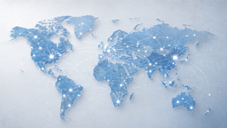 World map with connected nodes representing local research and scientific collaboration across territories